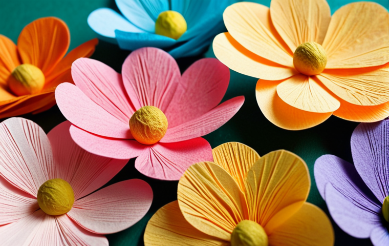 **
A close-up shot of delicate paper flowers made from crepe paper, showcasing their realistic petals and vibrant colors. The background is blurred to emphasize the intricate details of the flowers. Focus on showcasing the texture and form of the crepe paper.
**