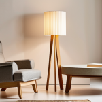 A modern and serene living room interior showcasing elegantly designed paper furniture. The scene features a sculptural floor lamp with a delicate, folded paper shade casting soft, diffused light, and a robust yet lightweight side table crafted from rolled paper, holding a book and a mug. The aesthetic is minimalist and organic, emphasizing natural textures, warmth, and a sustainable atmosphere. Focus on clean lines and harmonious composition.