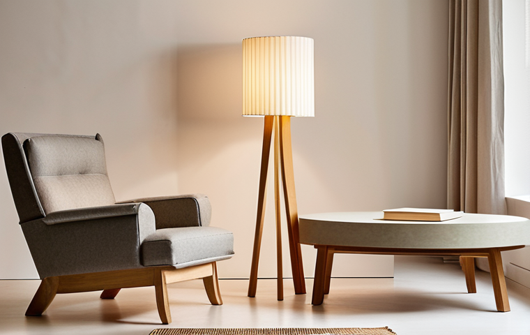 A modern and serene living room interior showcasing elegantly designed paper furniture. The scene features a sculptural floor lamp with a delicate, folded paper shade casting soft, diffused light, and a robust yet lightweight side table crafted from rolled paper, holding a book and a mug. The aesthetic is minimalist and organic, emphasizing natural textures, warmth, and a sustainable atmosphere. Focus on clean lines and harmonious composition.