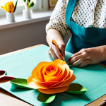 Paper Flower Creation**

A woman is crafting realistic paper roses from crepe paper at a bright, organized craft table in a sunlit studio, fully clothed in a comfortable craft apron and a modest blouse, surrounded by colorful paper, scissors, and glue. Safe for work, appropriate content, perfect anatomy, well-formed hands, natural pose, professional, family-friendly.

**
