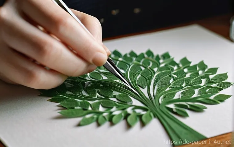 종이공예 심화 과정 - **Prompt: Precision Paper-Cutting in a Crafts Studio**
"A close-up shot of skilled hands, belong...