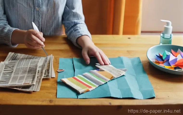 리사이클 종이공예 - **Prompt 1: Joyful Upcycling Crafting Session**
    A bright, well-lit overhead shot of a person's h...