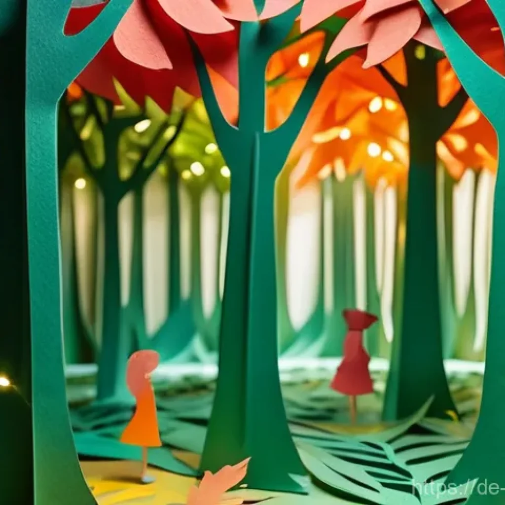 종이공예 작품을 위한 예술적 접근 - A whimsical and enchanting paper sculpture depicting a fantastical forest scene. Intricately cut and...