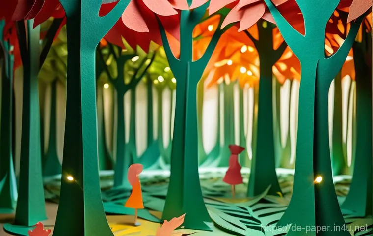종이공예 작품을 위한 예술적 접근 - A whimsical and enchanting paper sculpture depicting a fantastical forest scene. Intricately cut and...