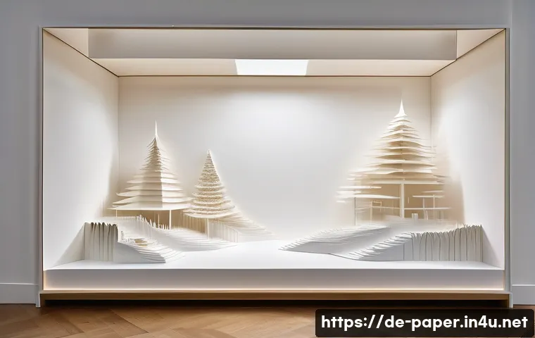 페이퍼 아트 전시 디자인 - A delicate paper art installation illuminated by warm, dimmable white light that softly highlights i...