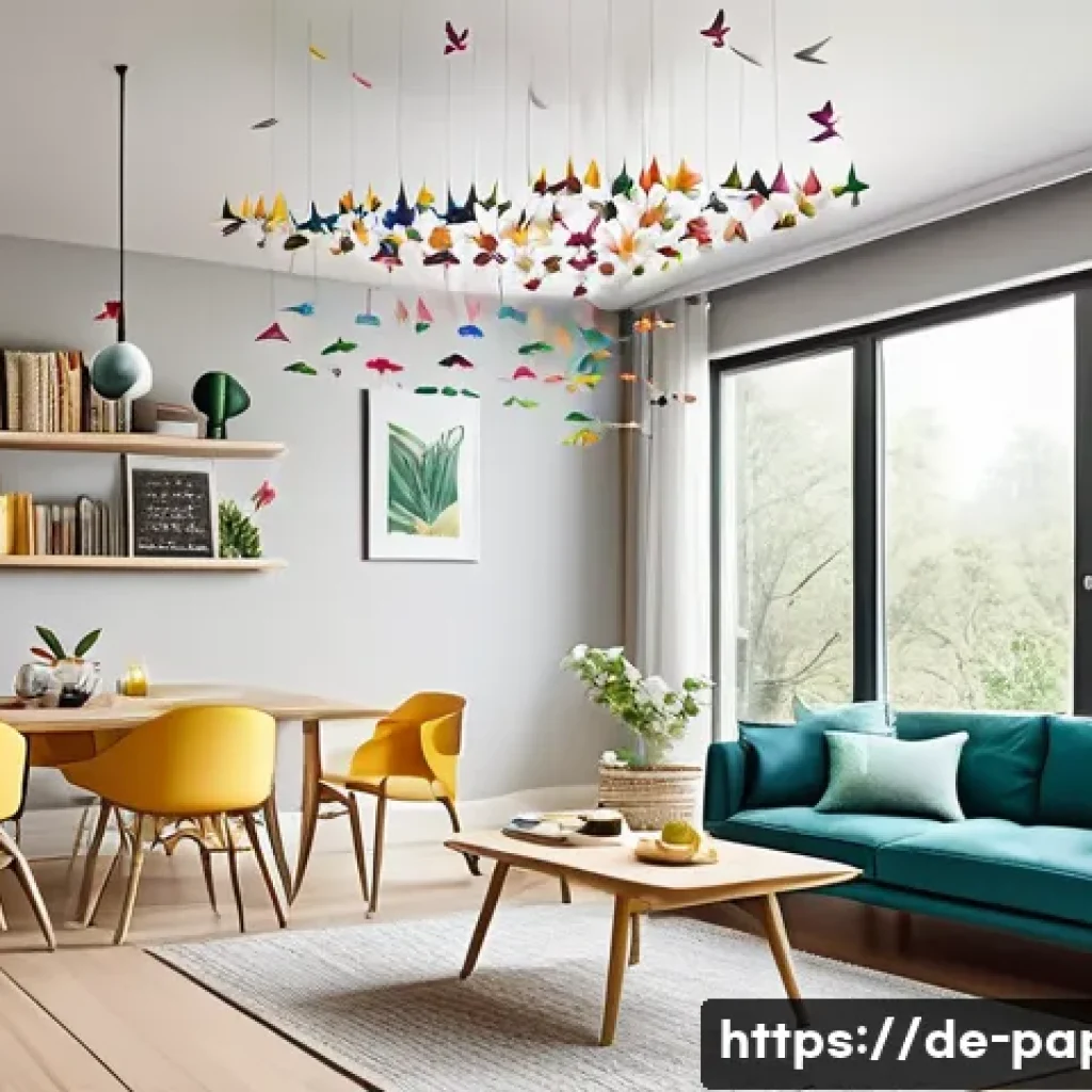종이로 만든 장식 소품 - A cozy modern living room decorated with delicate origami paper cranes and stars hanging from the ce...