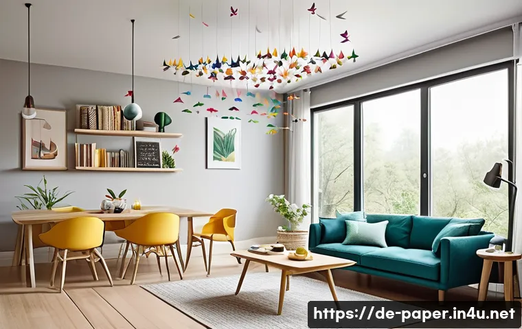 종이로 만든 장식 소품 - A cozy modern living room decorated with delicate origami paper cranes and stars hanging from the ce...