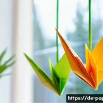 Home 22 종이 공예로 인테리어 꾸미기 - A vibrant and detailed close-up of a colorful origami mobile hanging near a bright window in a moder...