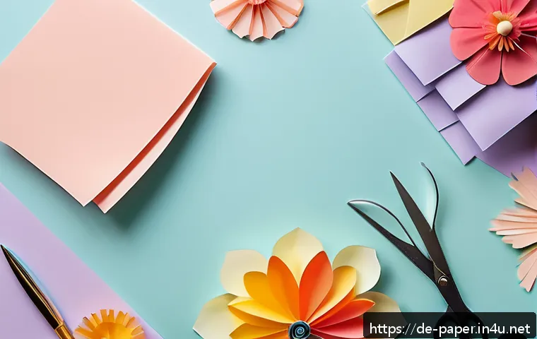 종이공예 DIY 키트 - A cozy craft workspace with a well-lit wooden table featuring a variety of colorful papers including...