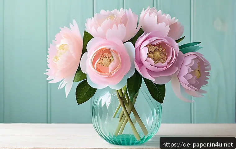종이꽃 만들기 - A delicate bouquet of handmade paper flowers crafted from translucent crepe paper in soft pastel sha...