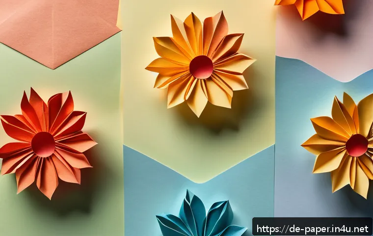 종이 아트에서의 색채 사용 - A detailed close-up of a delicate origami flower arrangement made from textured watercolor paper, fe...