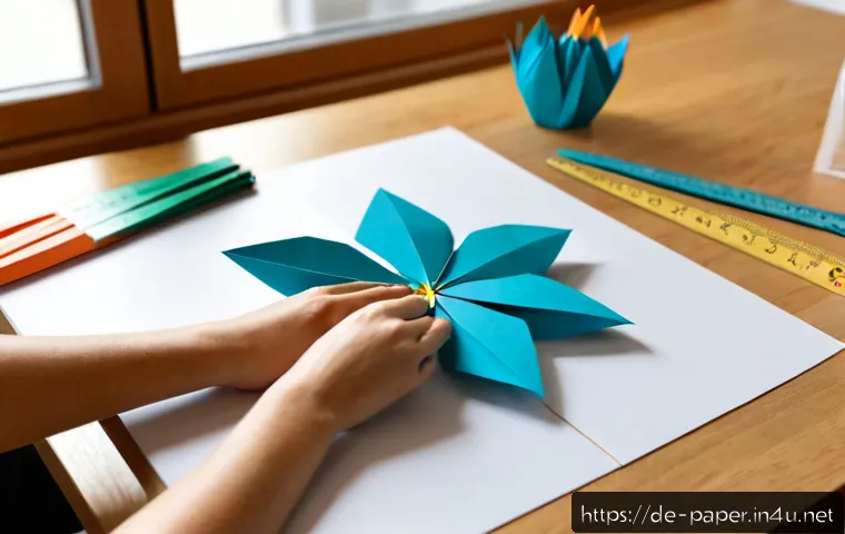 종이공예 프로젝트 초보자 가이드 - Photorealistic beginner paper craft workspace in a bright German apartment, adult hands carefully fo...