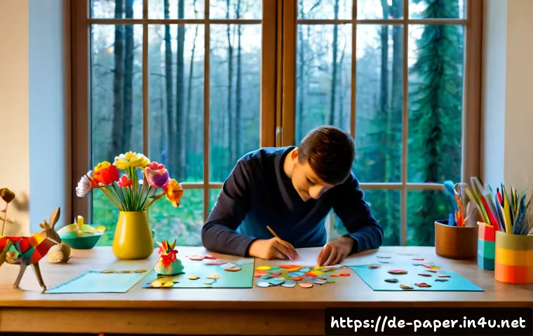 핸드메이드 종이공예 - Photorealistic handmade paper craft workspace in a bright German apartment, an adult artisan careful...