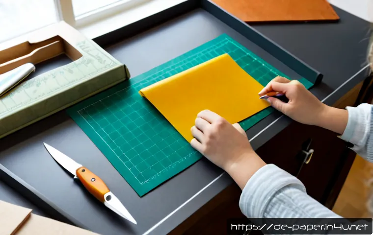 종이공예 팁 - Photorealistic overhead view of a tidy German home craft table with adult hands precisely folding an...